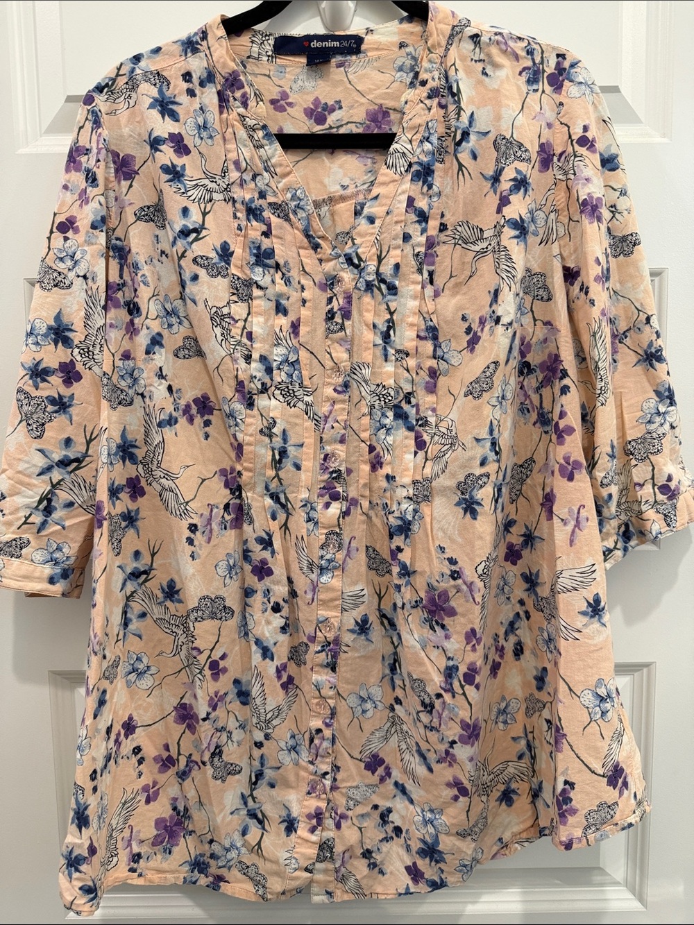 Denim 24/7 Pink/Peach Floral Pintuck Button-Down Blouse